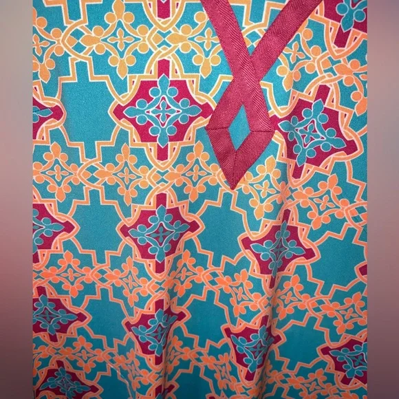 Tracy Negoshian Coral, Neon Orange And Teal Sleeveless Shift Dress - Picture 3 of 5